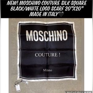 New! Moschino Couture Silk Square Black/White Logo Scarf 20”x20”Made in Italy🖤